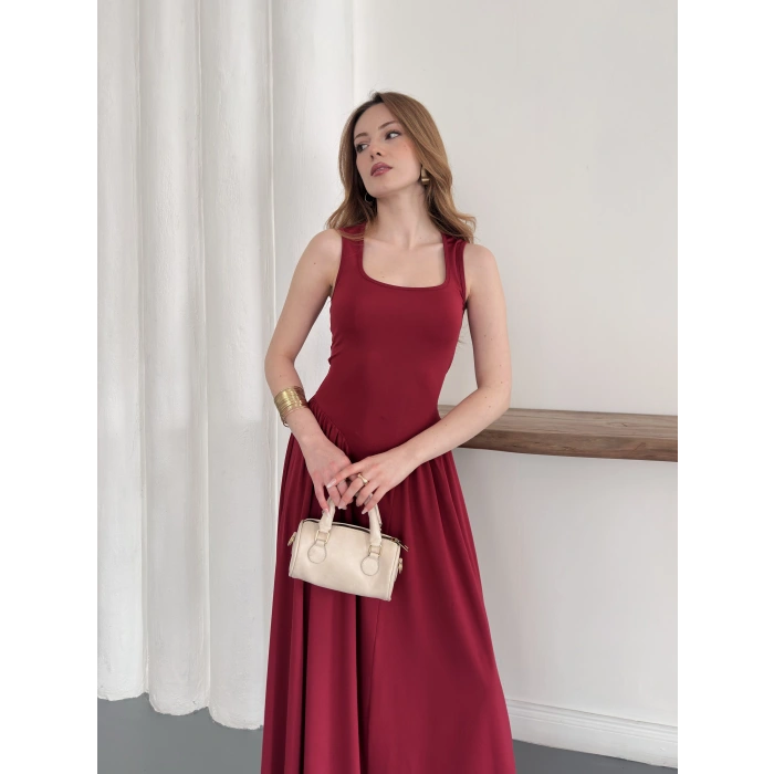 Premium Dokulu Prenses Uzun Elbise Bordo