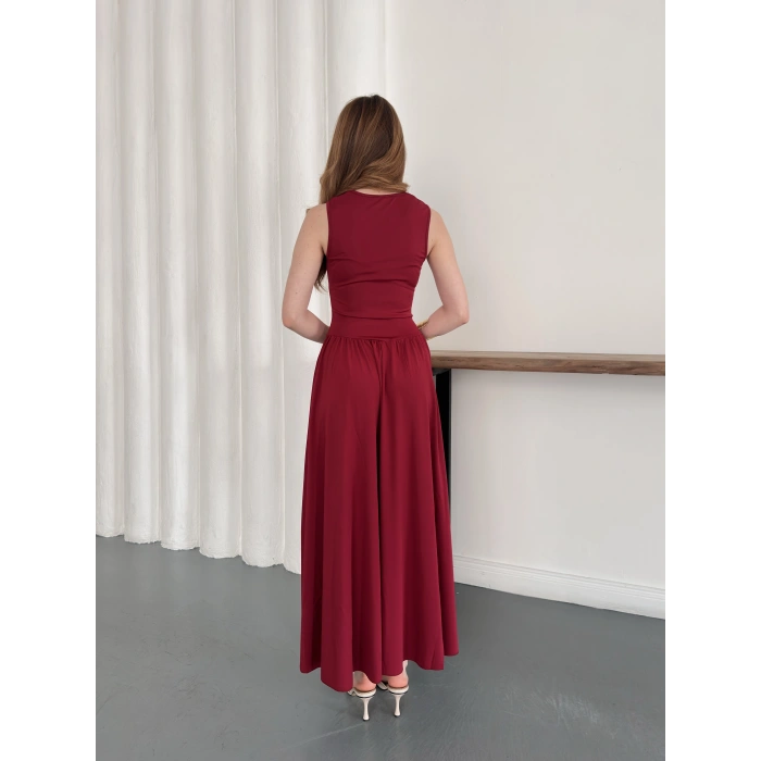 Premium Dokulu Prenses Uzun Elbise Bordo