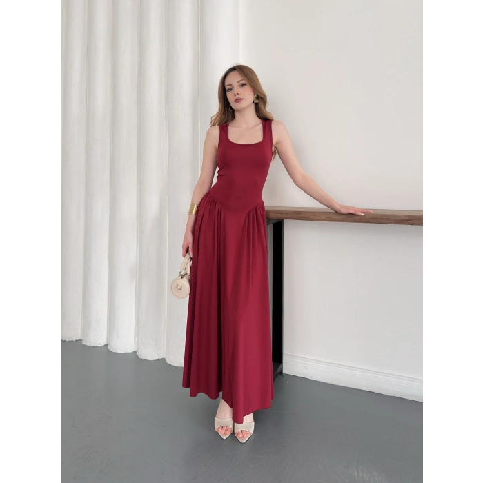 Premium Dokulu Prenses Uzun Elbise Bordo