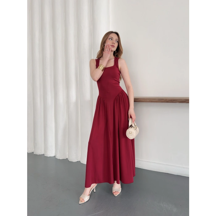 Premium Dokulu Prenses Uzun Elbise Bordo