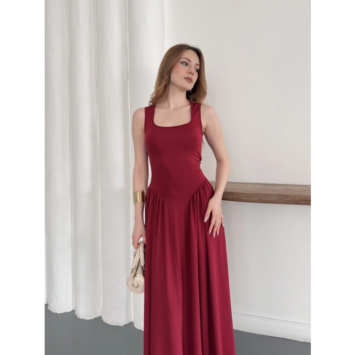 Premium Dokulu Prenses Uzun Elbise Bordo