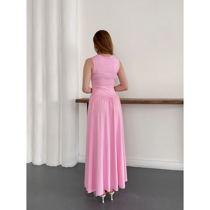 Premium Dokulu Prenses Uzun Elbise Pembe