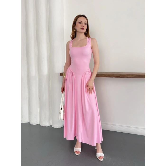 Premium Dokulu Prenses Uzun Elbise Pembe