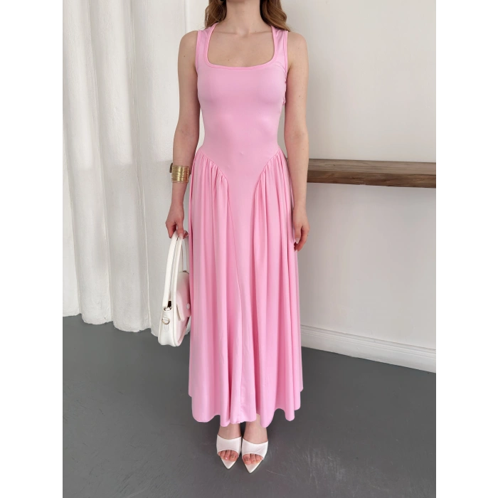 Premium Dokulu Prenses Uzun Elbise Pembe