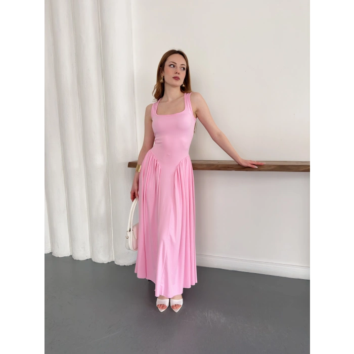 Premium Dokulu Prenses Uzun Elbise Pembe