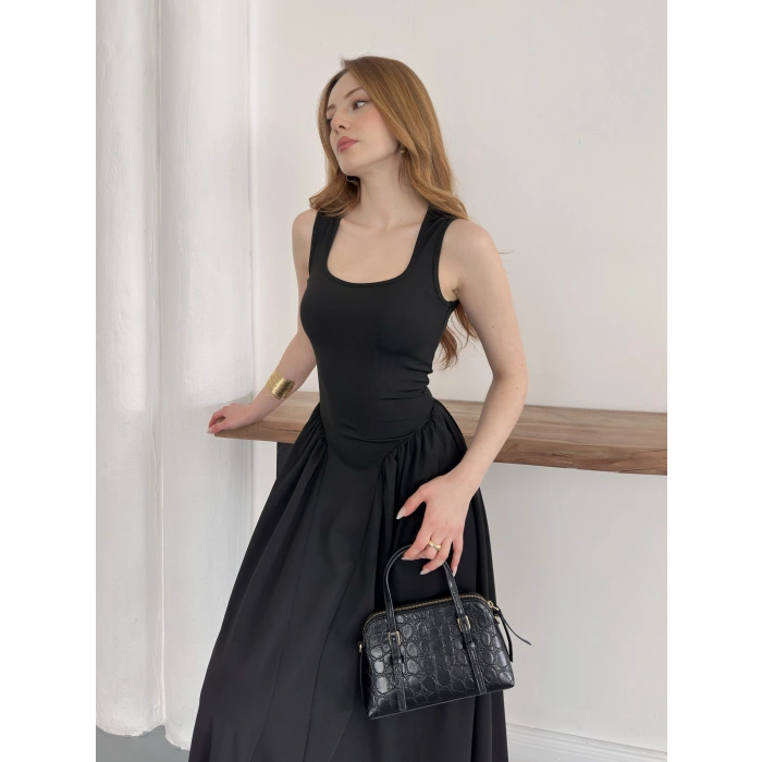 Premium Dokulu Prenses Uzun Elbise Siyah