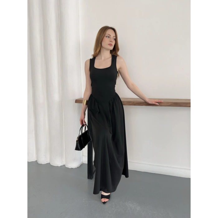 Premium Dokulu Prenses Uzun Elbise Siyah