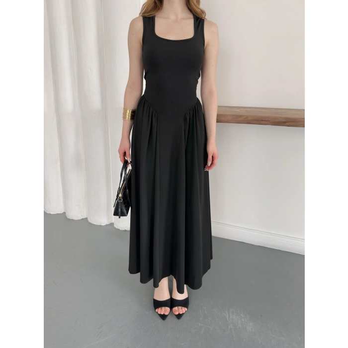 Premium Dokulu Prenses Uzun Elbise Siyah