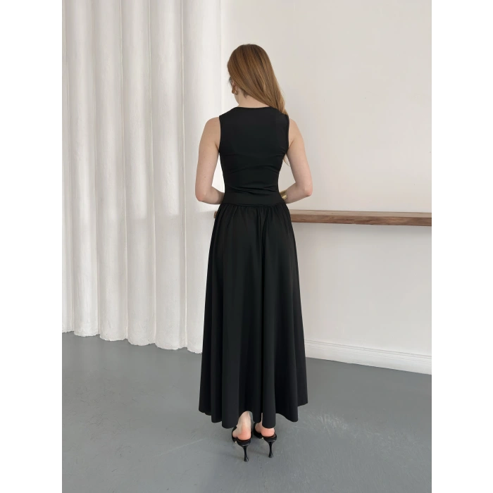 Premium Dokulu Prenses Uzun Elbise Siyah