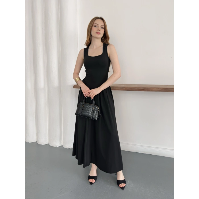 Premium Dokulu Prenses Uzun Elbise Siyah