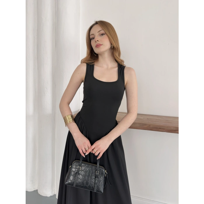 Premium Dokulu Prenses Uzun Elbise Siyah