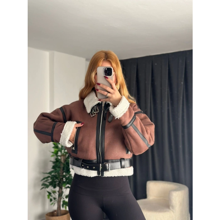 Premium Kalite Lamine Kısa Ceket Kahve