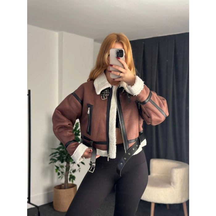 Premium Kalite Lamine Kısa Ceket Kahve