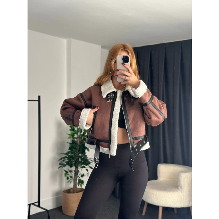 Premium Kalite Lamine Kısa Ceket Kahve