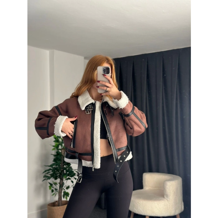 Premium Kalite Lamine Kısa Ceket Kahve