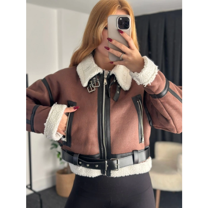 Premium Kalite Lamine Kısa Ceket Kahve