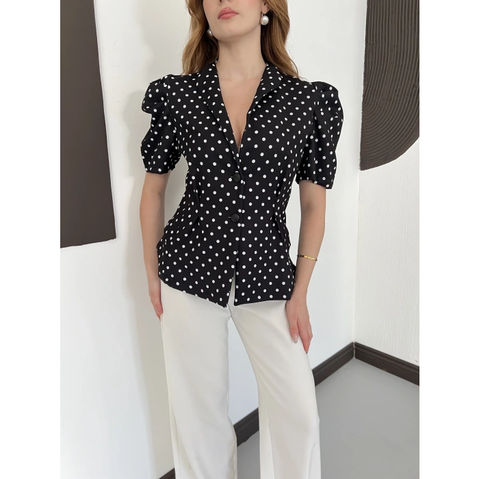 Puantiyeli Balon Kol Blazer Ceket Siyah