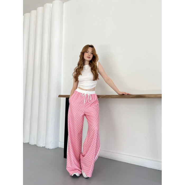 Puantiyeli Yan Şerit Detaylı Bol Paça Modal Pantolon Pembe