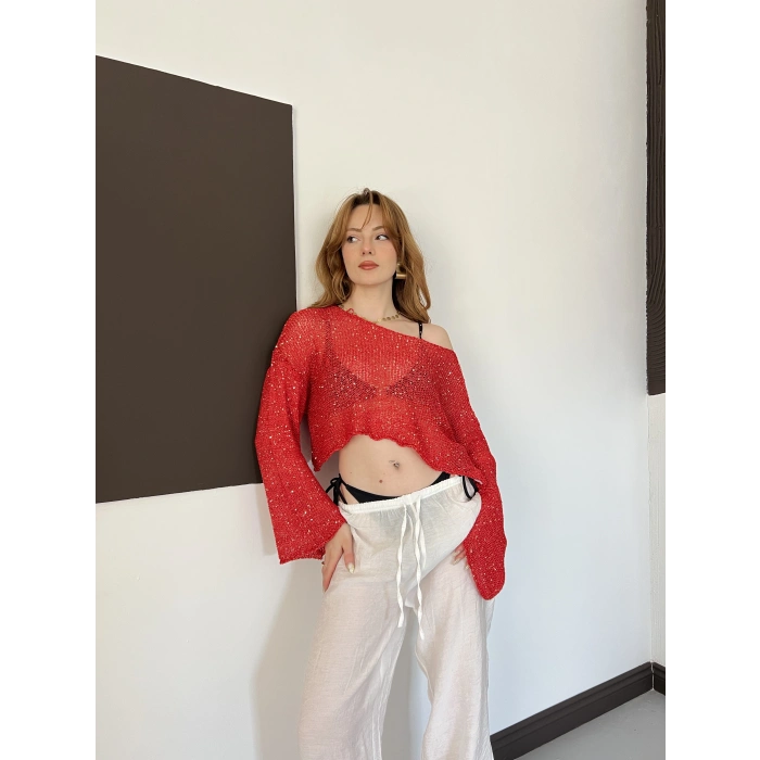 Pullu Beach Salaş Crop Kırmızı