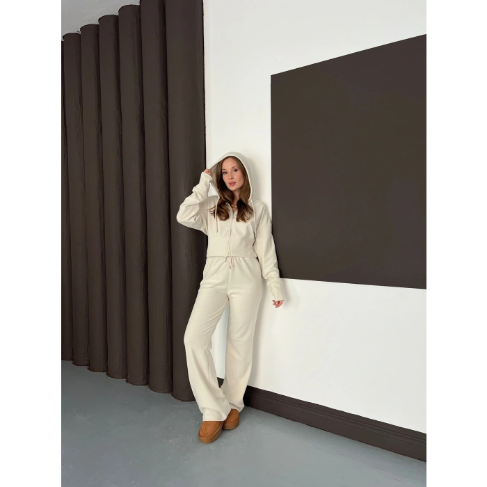 Selanik Kumaş Kapüşonlu Takım Bej