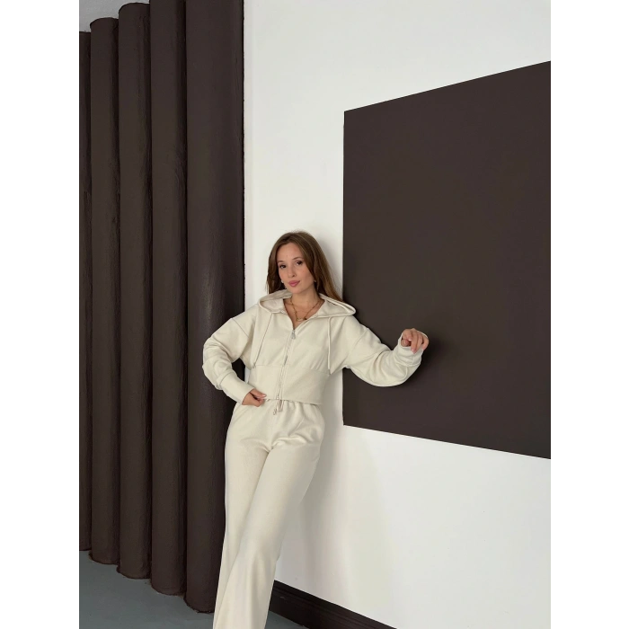 Selanik Kumaş Kapüşonlu Takım Bej