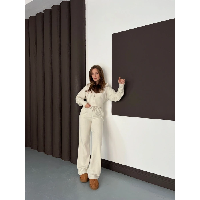 Selanik Kumaş Kapüşonlu Takım Bej