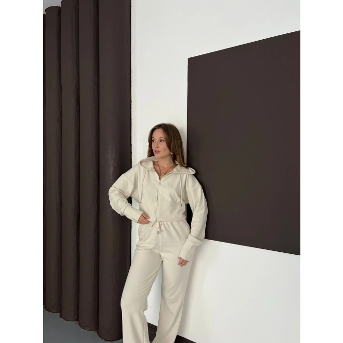 Selanik Kumaş Kapüşonlu Takım Bej