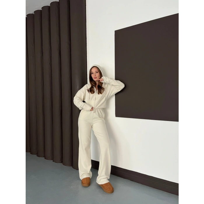 Selanik Kumaş Kapüşonlu Takım Bej