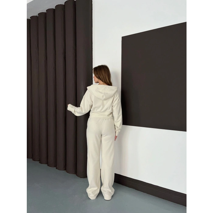 Selanik Kumaş Kapüşonlu Takım Bej