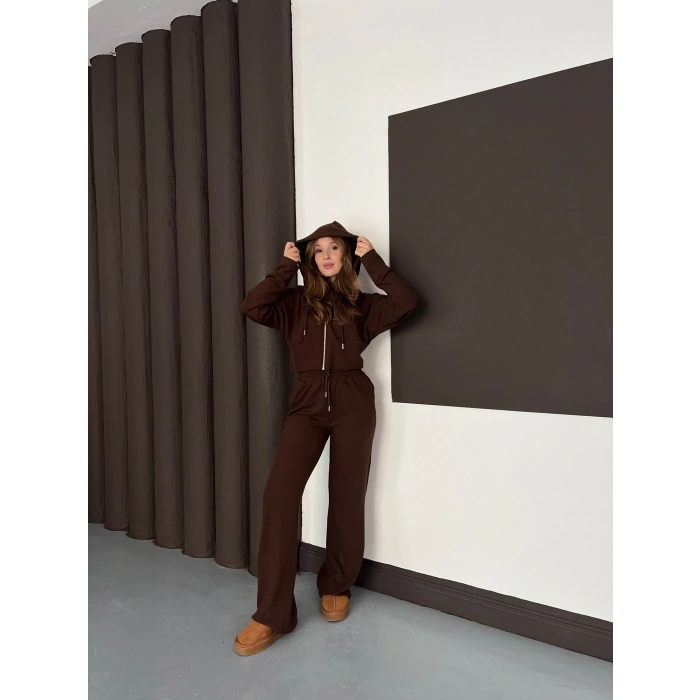 Selanik Kumaş Kapüşonlu Takım Kahverengi