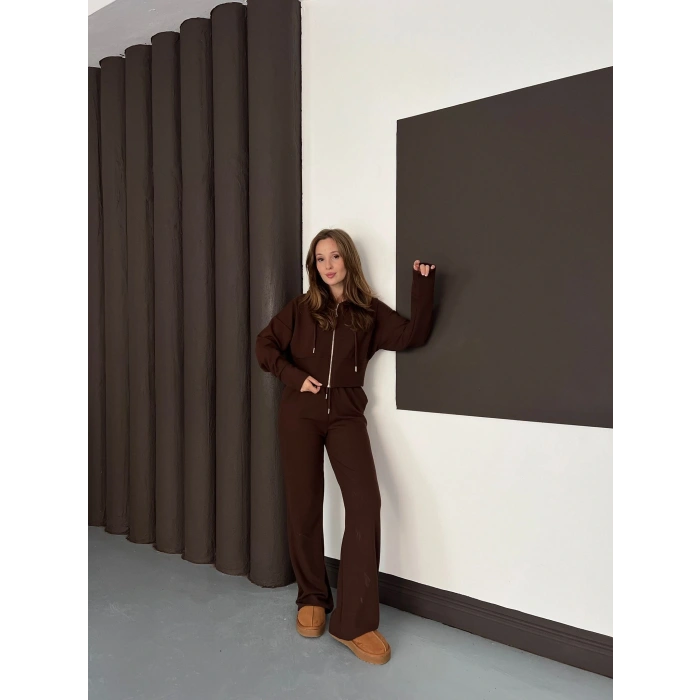 Selanik Kumaş Kapüşonlu Takım Kahverengi