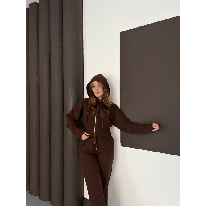 Selanik Kumaş Kapüşonlu Takım Kahverengi