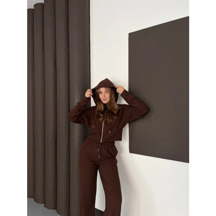 Selanik Kumaş Kapüşonlu Takım Kahverengi