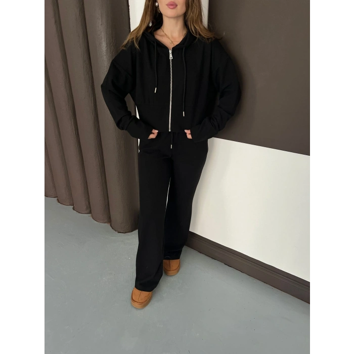 Selanik Kumaş Kapüşonlu Takım Siyah