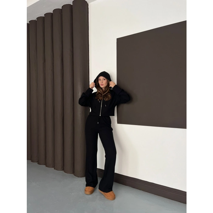 Selanik Kumaş Kapüşonlu Takım Siyah