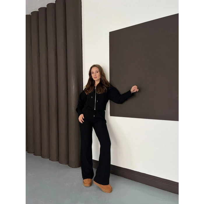 Selanik Kumaş Kapüşonlu Takım Siyah