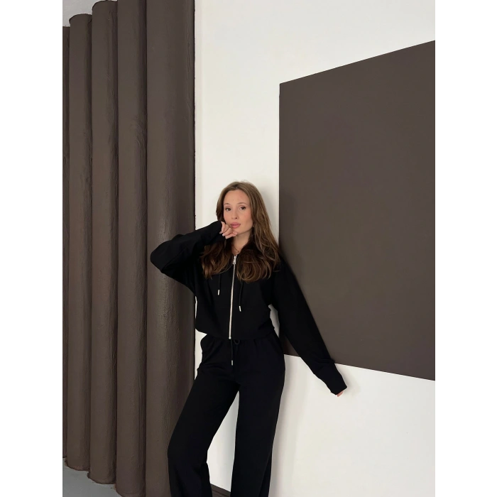 Selanik Kumaş Kapüşonlu Takım Siyah