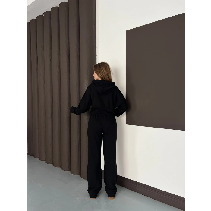 Selanik Kumaş Kapüşonlu Takım Siyah