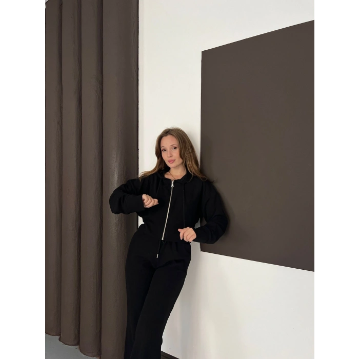 Selanik Kumaş Kapüşonlu Takım Siyah