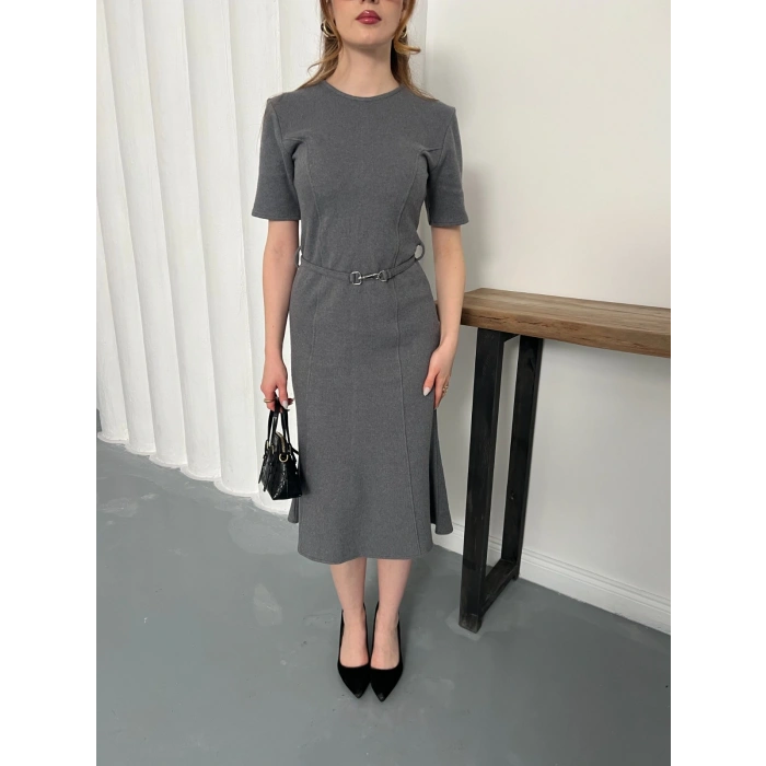 Selanik Kumaş Kemer Detaylı Elbise Gri
