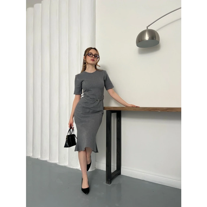 Selanik Kumaş Kemer Detaylı Elbise Gri