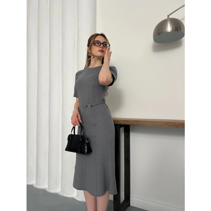 Selanik Kumaş Kemer Detaylı Elbise Gri