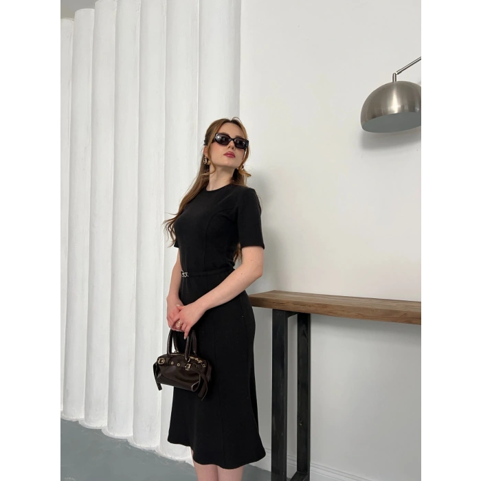 Selanik Kumaş Kemer Detaylı Elbise Siyah