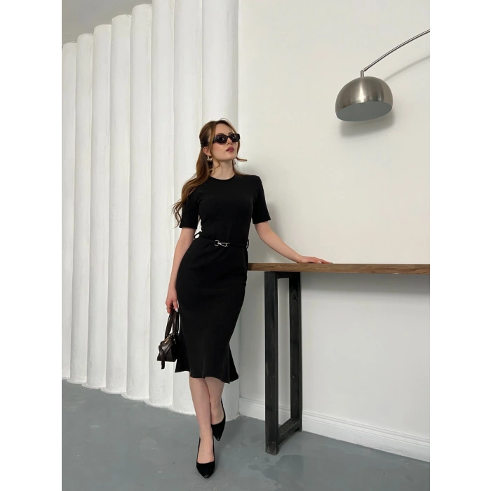 Selanik Kumaş Kemer Detaylı Elbise Siyah