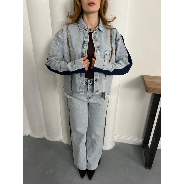 Şerit Detaylı Denim Takım