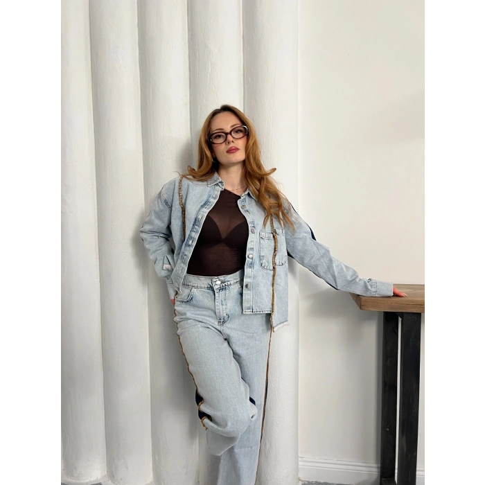 Şerit Detaylı Denim Takım