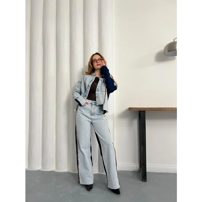 Şerit Detaylı Denim Takım