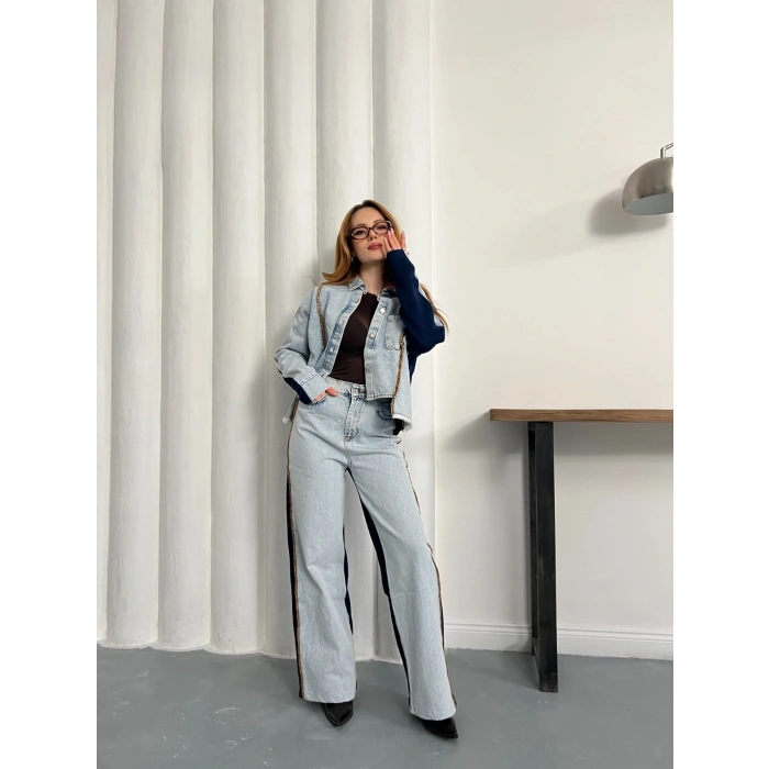 Şerit Detaylı Denim Takım