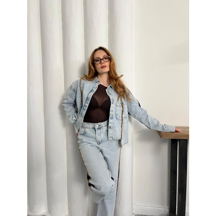 Şerit Detaylı Denim Takım