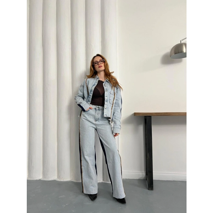 Şerit Detaylı Denim Takım